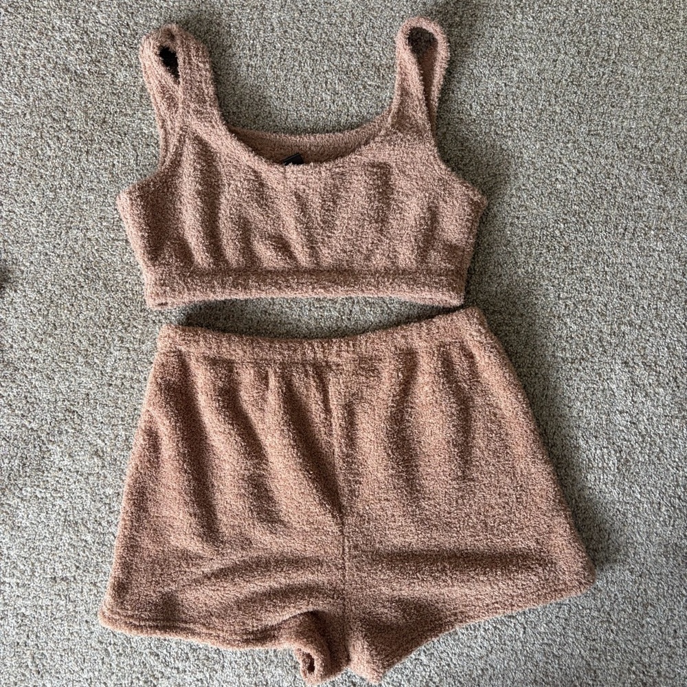LALA Cozy Terry Crop Tank & Shorts Set - Dusty Tan - Picture 2 of 4